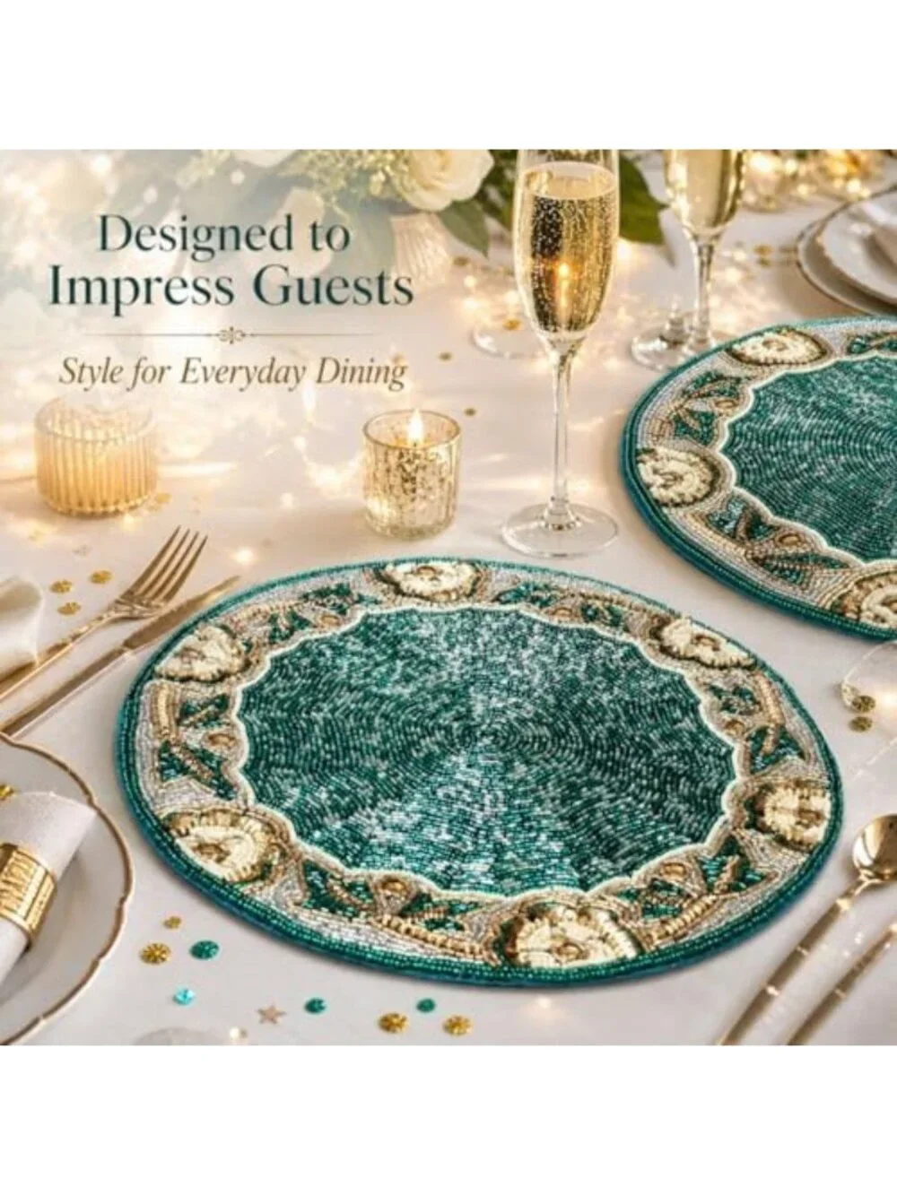 Teal Silver White Gold Beaded Round Placemats 13” - Elegant Charger for Dining